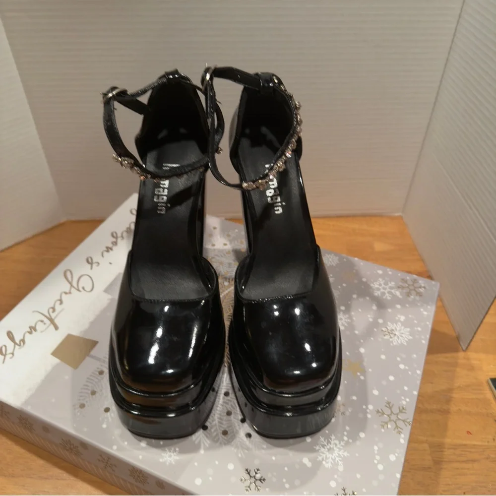 Numagin Black Platform Heels with Rhinestone Strap sz 37.5  or US‎ 7